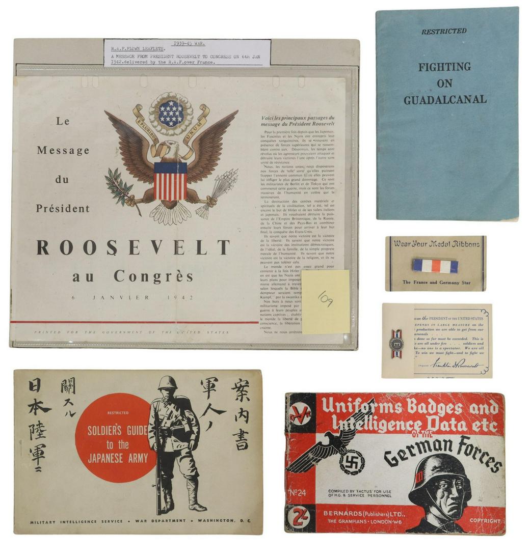 (6) US WWII MILITAR ITEMS, JAPAN & GERMAN: (lot of 6) WWII U.S., and German items: (1) booklet: Uniforms Badges and Intelligence Data of the German Forces, printed in London, detailed information on German ranks and badges, uniforms, includes 