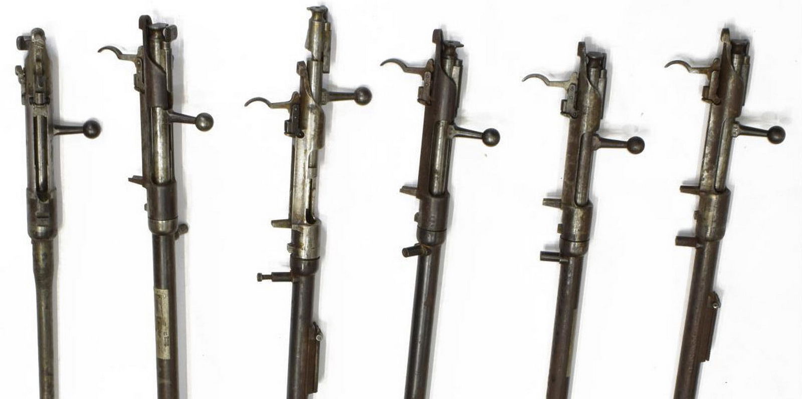 (6) GERMAN GEWEHR 1888 RIFLE PARTS: (lot of 6) Gewehr Commission Model 1888 rifle parts: (1) Spandau Imperial Arsenal, bolt and barrel, 1895; (1) Loewe, Berlin, bolt and barrel, 1891; (1) Spandau Imperial Arsenal, bolt, barrel, trigger,