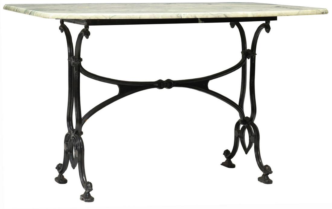 FRENCH MARBLE-TOP CAST IRON BISTRO TABLE: French bistro table, 20th c., marble top rising on a cast iron base, joined by cross stretcher, stretcher engraved in center "Dad", approx 29"h, 47"w, 30.5"d Start Price: $150.00