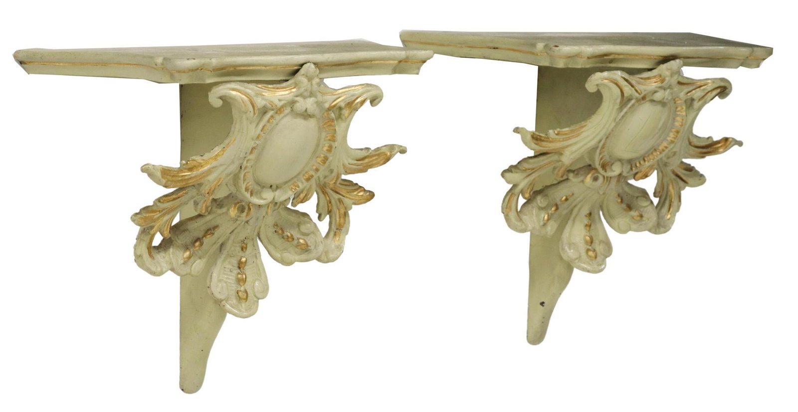 (2) LOUIS XV STYLE PARCEL GILT & PAINTED BRACKETS: (pair) Louis XV style parcel gilt and painted wall brackets, 20th c., shaped top, over acanthus surmounted cartouche, approx 14"h, 15.75"w, 8.5"d Start Price: $100.00