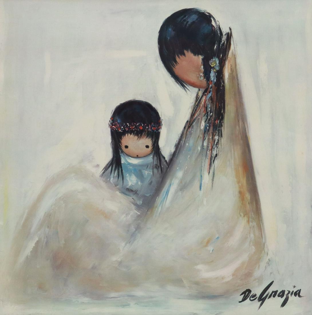 TED DE GRAZIA (1909-1982) 'NAVAJO MOTHER' PRINT: Framed print on paper, "Navajo Mother," signed in the print lower right de Grazia (Ted [Ettore] De Grazia, Arizona, 1909-1982), sight: 23.25"h, 23.25"w, overall: 33.5"h, 32"w, 11lbs Start Price: $50.0