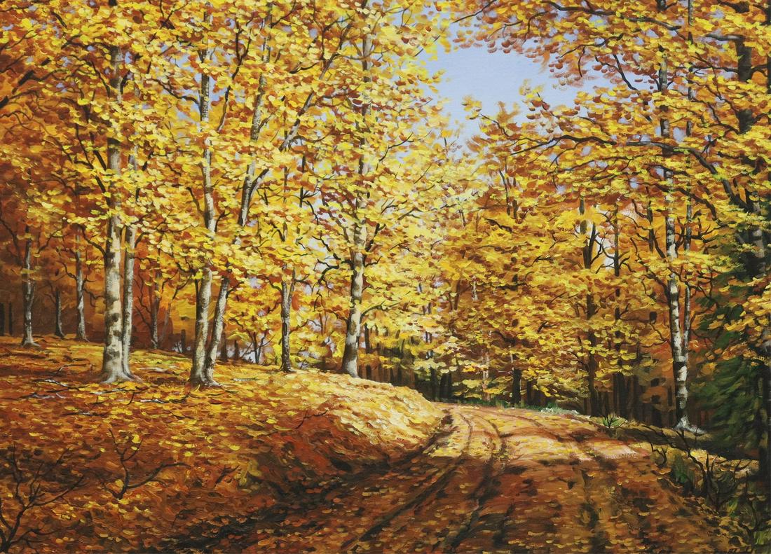 STEVE R. DODD AUTUMN IN TENNESSEE, 22" X 30": Framed acrylic on canvas board painting, "Autumn in Tennessee," signed lower right S.R. Dodd (Steven [Steve] R. Dodd, American, 20th c.), dated 1973 with inscription verso, sight: 21.5"h, 29.5"w, over