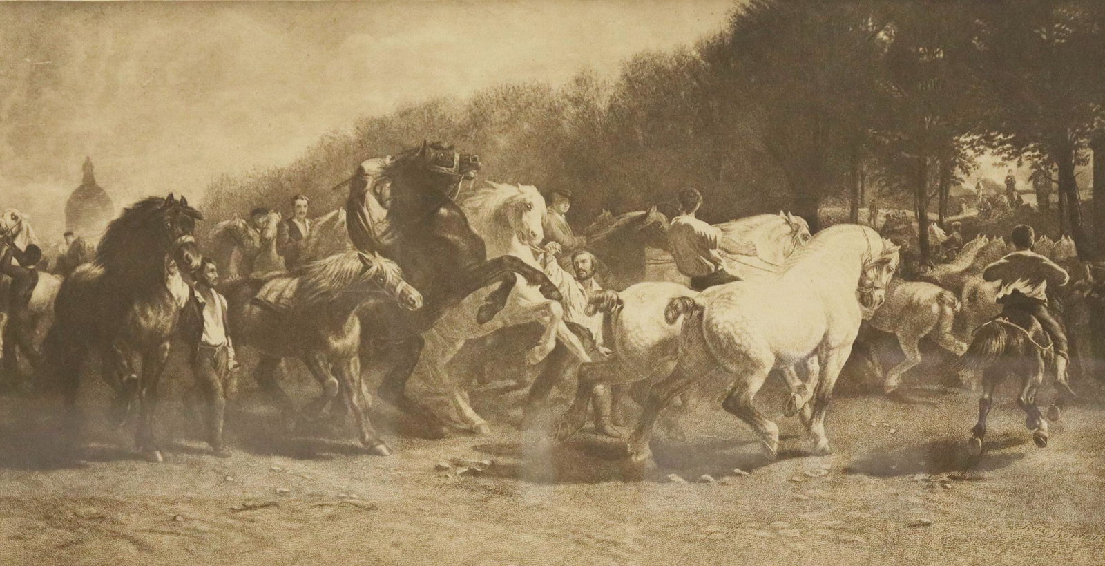 AFTER ROSA BONHUER (1822-1899) 'THE HORSE FAIR': Framed print on paper, "The Horse Fair," signed in print after Rosa Bonheur (French, 1822-1899), with biographical information verso, sight: 10.75"h, 21"w, overall: 19"h, 28"w, 3lbs Start Price: $80.0