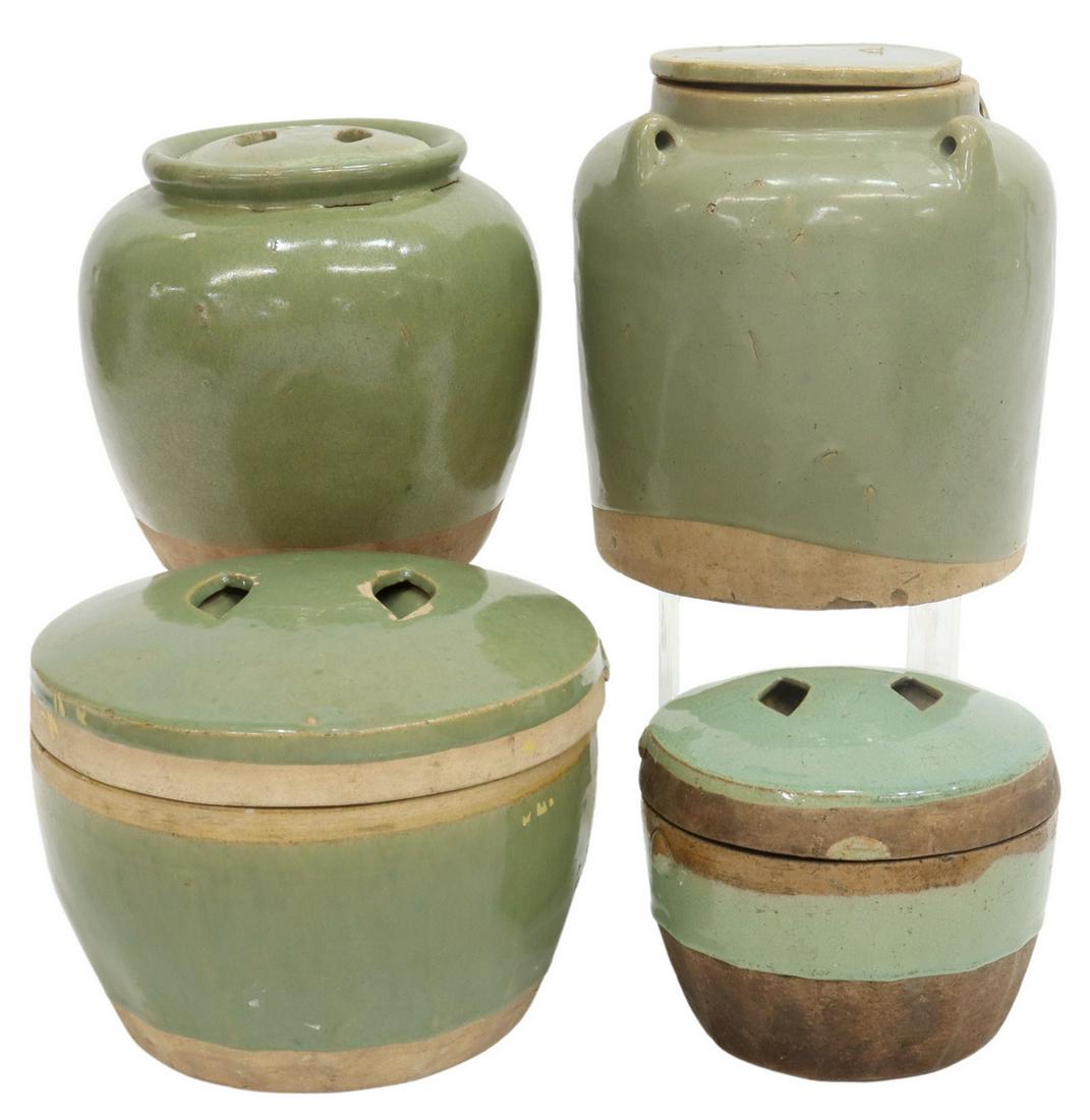(4) CHINESE CELADON EARTHENWARE COVERED VESSELS: (lot of 4) Chinese earthenware covered vessels, in celadon glazes, retaining wax seals, (one) with impressed mark, tallest: approx 7.5"h, 6.75"diam; 9lbs total Start Price: $80.00