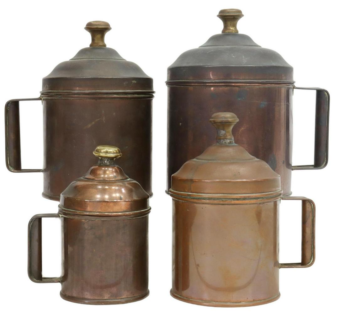 (4) FRENCH COPPER COVERED KITCHEN JARS: (lot of 4) French copper kitchen jars, domed lid with knop finial, cylindrical body, single handle, (three) marked Grands Magasins du Louvre, Paris, weld repairs, largest: approx 8.75"h, 7.75"w, 6"d; 