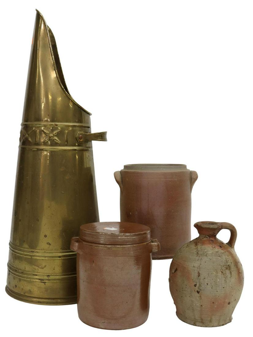 (4) FRENCH PROVINCIAL STONEWARE & BRASS COAL HOD: (lot of 4) French Provincial kitchenware, 19th/ 20th c., including: (2) stoneware preserve jars, with applied handles, (one) retaining lid, (1) stoneware oil jug, (1) brass coal hod/ scuttle, largest: