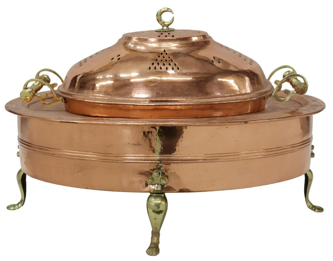 COPPER & BRASS CHAFING DISH ENGRAVED 1909-1911: Large Middle Eastern copper and brass service dish, comprising of lid, dish and stand, hand engraved in multiple languages, dated 1909-1911, crescent moon finial, over pierced lid, chased foliate desi
