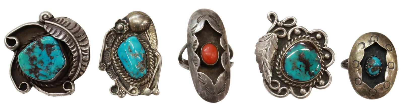 (5) NATIVE AMERICAN SILVER & TURQUOISE RINGS: (lot of 5) Native American silver (content unknown) rings, highlights include: (2) shadow box rings, (one) turquoise, (one) red coral, (2) turquoise rings with feather designs; sizes range from 5.5 to
