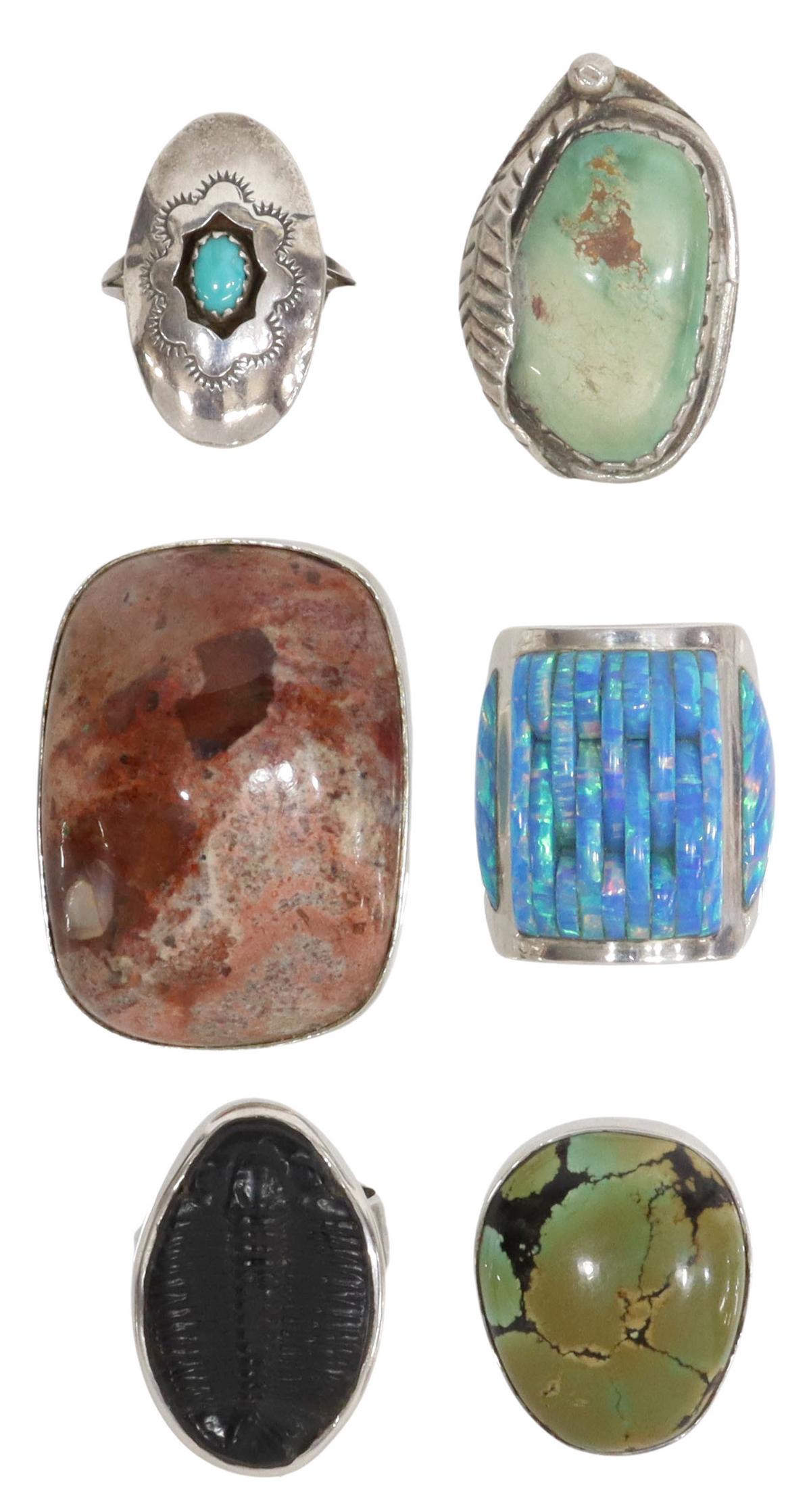 (6) SILVER RINGS OPAL, TRILOBITE FOSSIL, TURQUOISE: (lot of 6) Vintage silver rings, including: (1) sterling silver ring, Cerroblanco, Mexico, large bezel-set stone, possibly Cantera opal, approx size 6.5, (1) sterling silver and opal ring, approx size