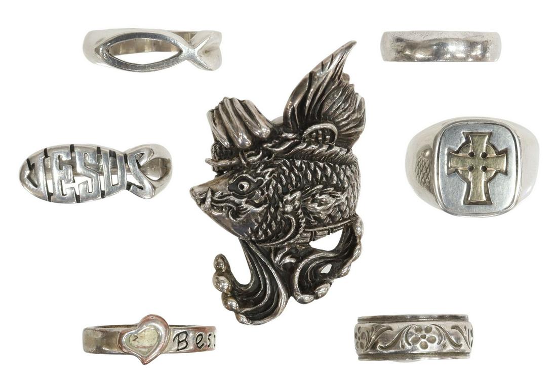 (7) STERLING SILVER RINGS, (1) JAMES AVERY CROSS: (lot of 7) Sterling silver rings, including: (1) sterling and 14kt yellow gold ring, James Avery, with Celtic cross, approx size 9, (1) sterling fish ring, approx size 11, (2) sterling ichthys rings,