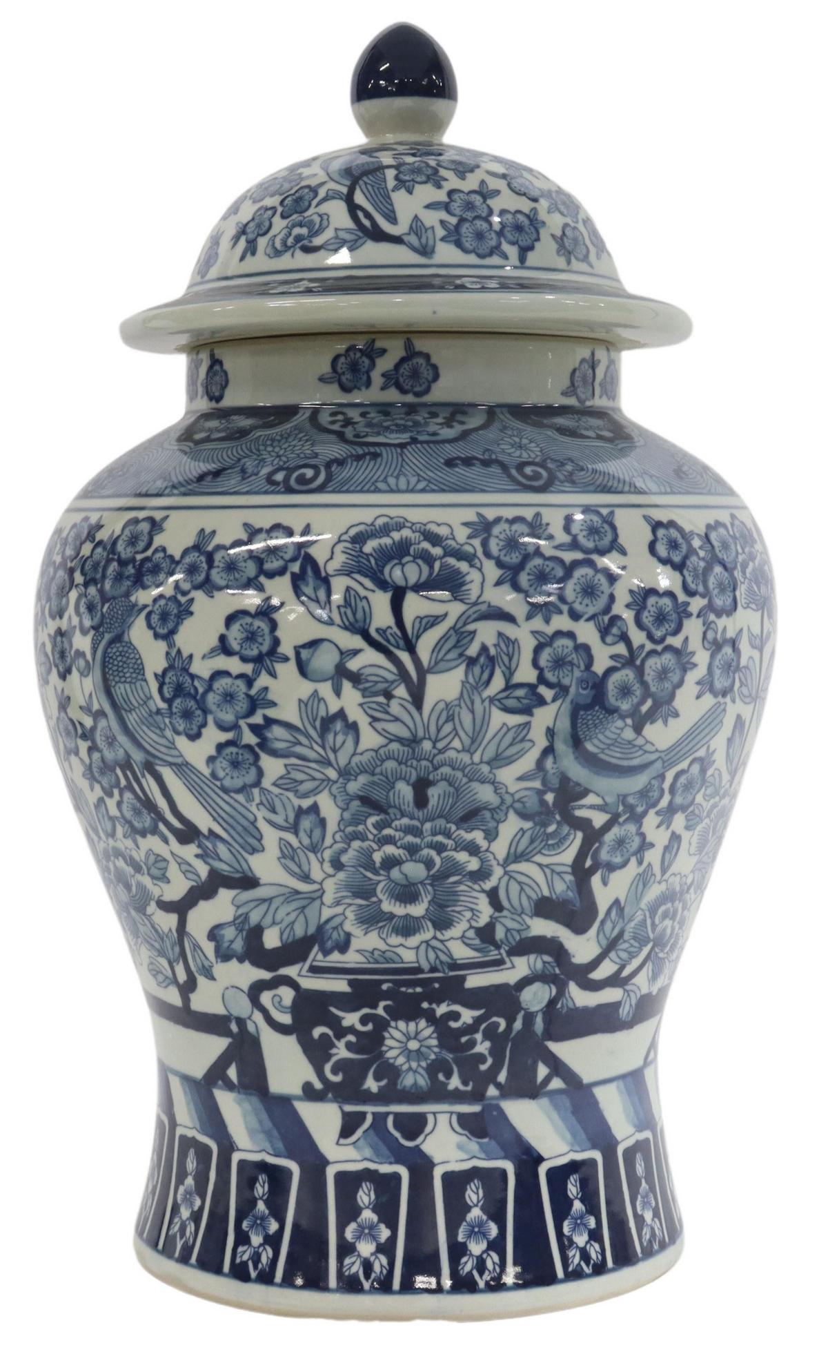 LARGE CHINESE BLUE & WHITE PORCELAIN TEMPLE JAR: Chinese blue and white porcelain temple jar, domed lid with pointed finial, reserves with butterflies, peony blossoms, body decorated with birds perched on floral branches, approx 18.75"h, 11.25"diam,