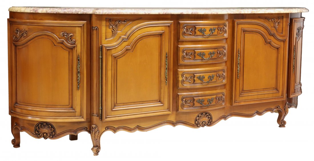 FRENCH LOUIS XV STYLE MARBLE-TOP SIDEBOARD, 110"L: French Louis XV style fruitwood sideboard, 20th c., having shaped marble top, over conforming molded case, accented with carved shell and foliate scroll motifs, fitted with four drawers, flanked by tw