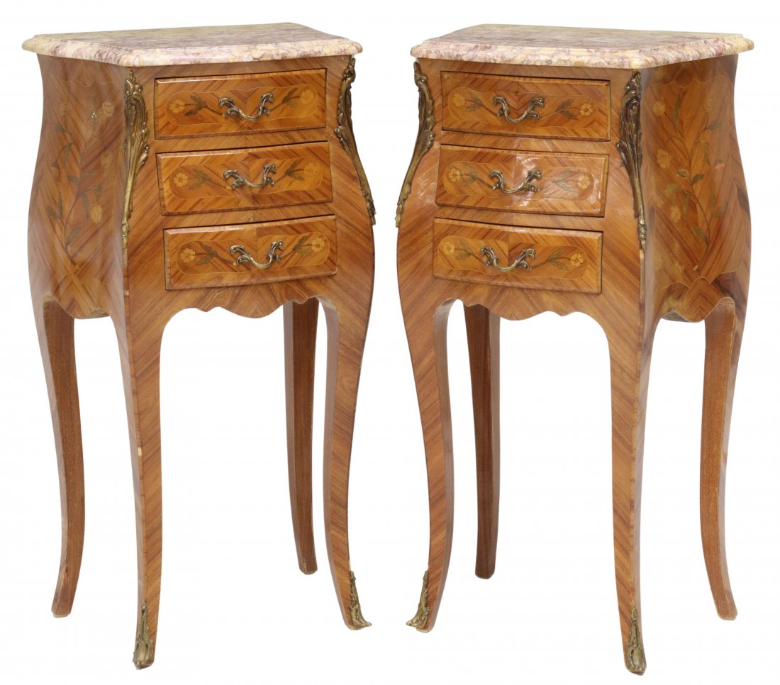 (2) LOUIS XV MARBLE-TOP MARQUETRY BEDSIDE CABINETS: (pair) French Louis XV style marble-top mahogany bedside cabinets, 20th c., three drawers with floral marquetry, gilt metal mounts, rising on cabriole legs, approx 29.5"h, 15.75"w, 11"d