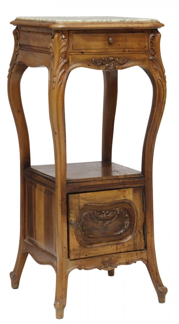 FRENCH LOUIS XV STYLE MARBLE-TOP WALNUT NIGHTSTAND: French Louis XV style walnut bedside cabinet, late 19th c., inset marble top, single drawer above an open shelf, lower cabinet door opening to porcelain liner, rising on cabriole legs, approx 36"h, 15