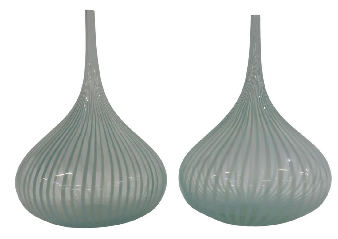 (2) MINT GREEN STRIPED ART GLASS VASES (1 of 3)