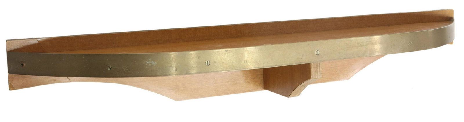 ITALIAN MID-CENTURY BRASS & LAMINATE WALL BRACKET: Italian mid-century modern brass and laminate wall bracket, c.1950s, demilune shelf, with brass edge, split at right side, approx 6.5"h, 36.5"w, 7.25"d, 8lbs Start Price: $60.00