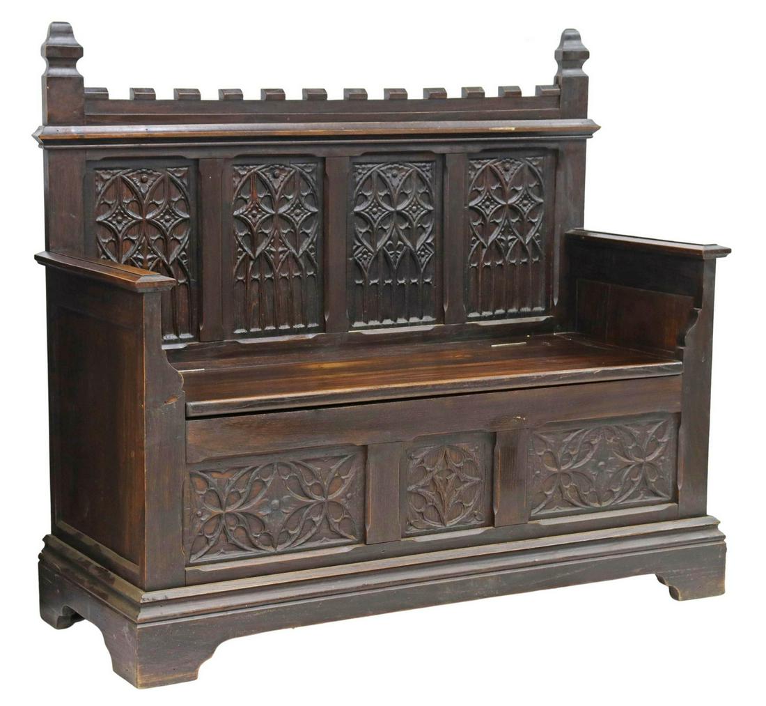 FRENCH GOTHIC REVIVAL TRACERY CARVED HALL BENCH (1 of 5)