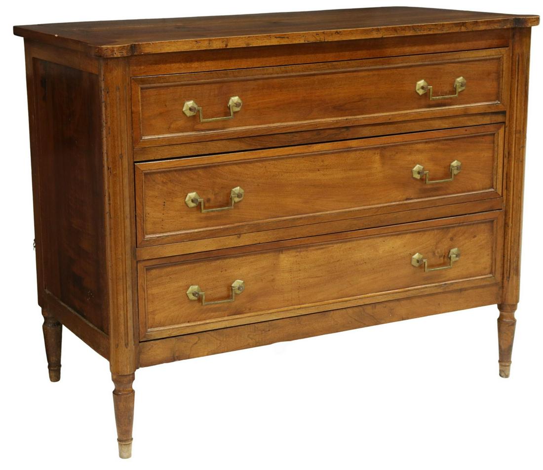 FRENCH LOUIS XVI STYLE WALNUT THREE-DRAWER COMMODE (1 of 5)