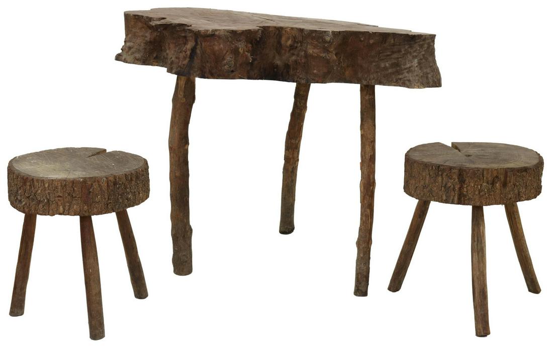 (3) FRENCH SMALL LIVE EDGE WOOD TABLE & STOOLS (1 of 6)