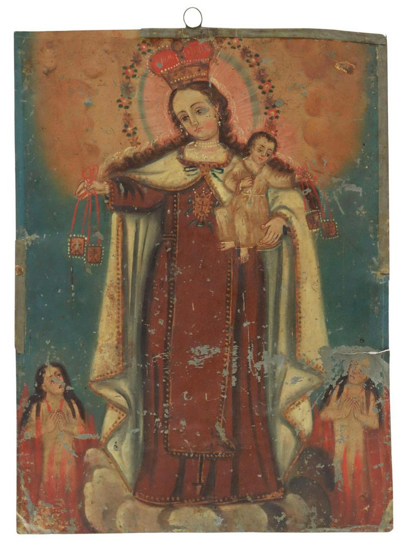 OIL ON TIN RETABLO, LADY OF MT CARMEL, ANIMA SOLA (1 of 2)