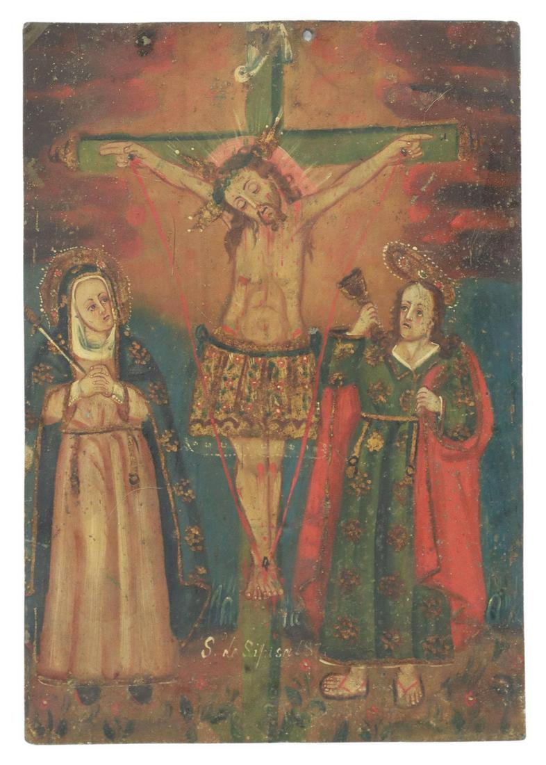 OIL ON TIN RETABLO, THE CRUCIFIXION, 19TH C. (1 of 3)