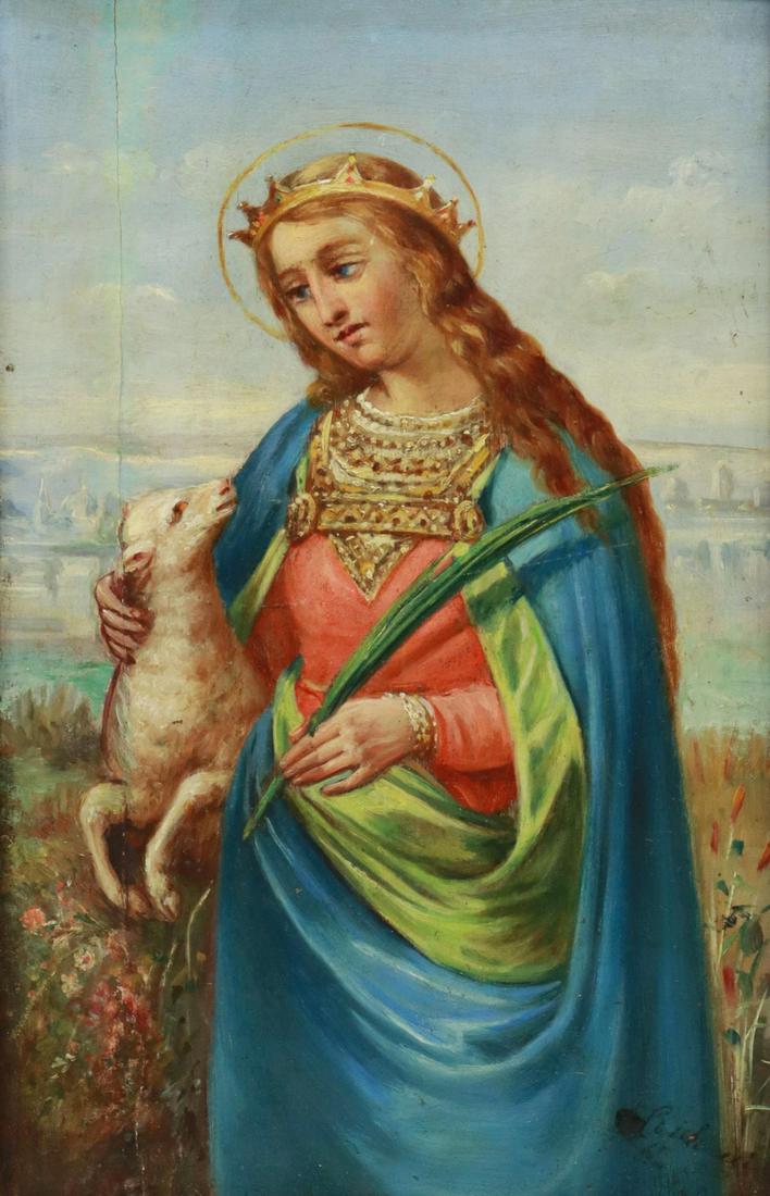 FRAMED RELIGIOUS OIL ON PANEL PAINTING, ST AGNES (1 of 4)