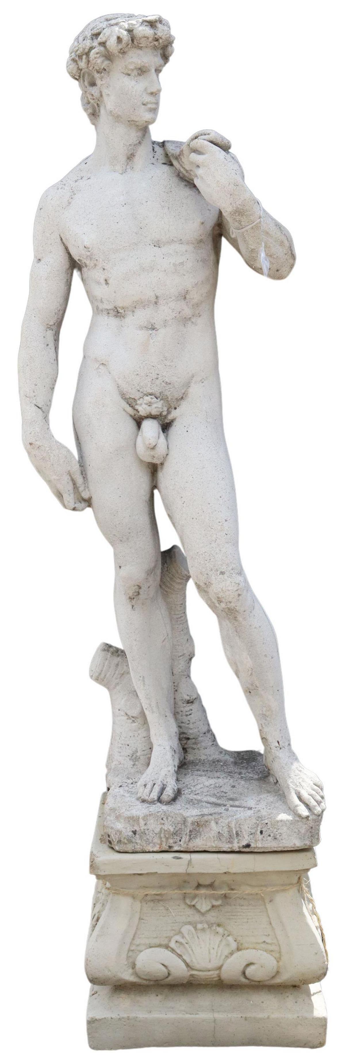 2) CAST STONE GARDEN FIGURE, DAVID, ON SHELL BASE (1 of 2)
