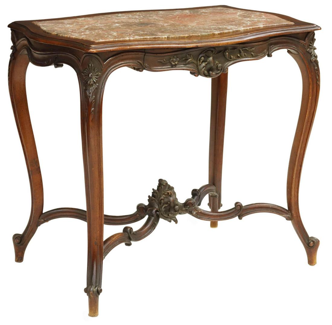 FRENCH LOUIS XV STYLE MARBLE-TOP WALNUT TABLE (1 of 5)