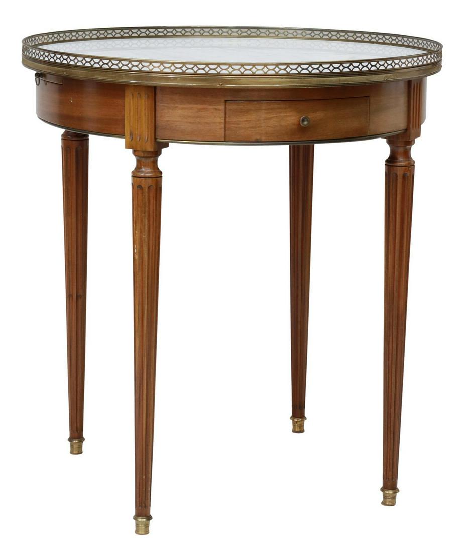 FRENCH LOUIS XVI STYLE MARBLE-TOP BOUILLOTTE TABLE: French Louis XVI style mahogany bouillotte table, 20th c., pierced brass gallery enclosing the marble top, over two drawers, two pull-out slides with gilt embossed leather surfaces, rising on tapered 