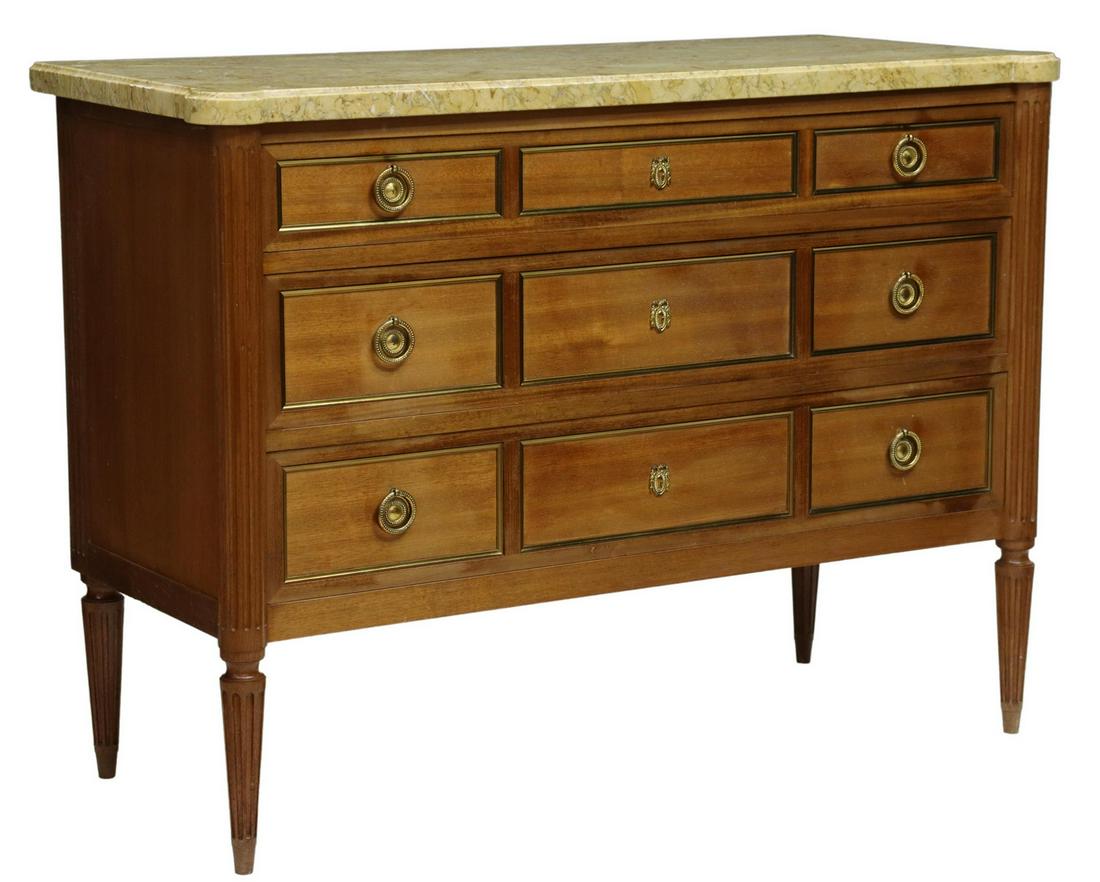 FRENCH LOUIS XVI STYLE MARBLE-TOP MAHOGANY COMMODE: French Louis XVI style marble-top mahogany commode, 20th c., three graduated drawers, fluted corner posts, continuing to tapered legs, approx 31.75"h, 43"w, 18.25"d Start Price: $400.00