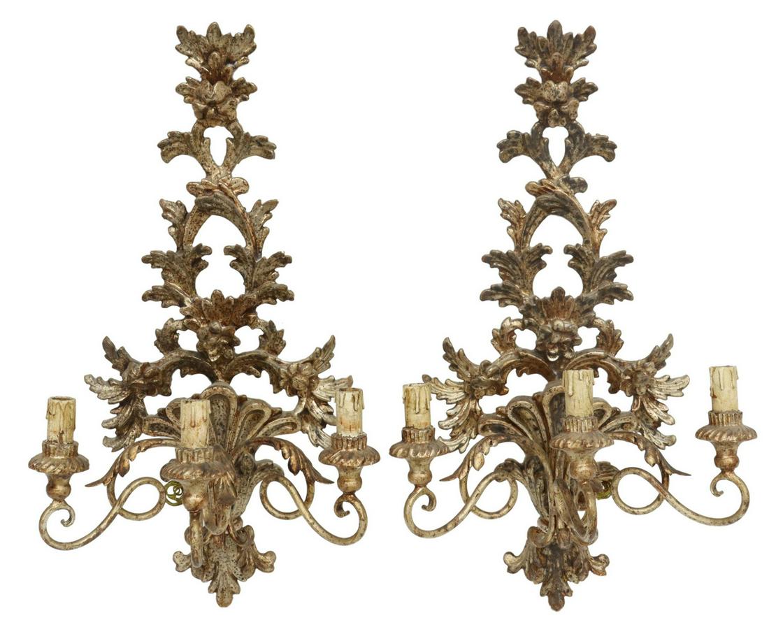 (2) ITALIAN SILVER GILTWOOD THREE-LIGHT SCONCES (1 of 2)