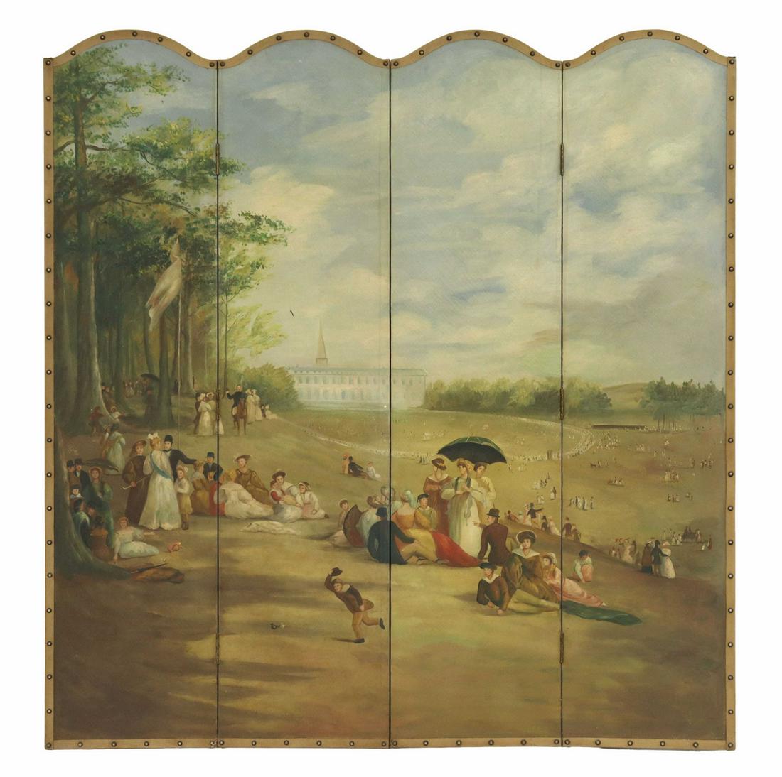 HAND-PAINTED FOUR-PANEL FOLDING SCREEN, 67.5"H (1 of 3)
