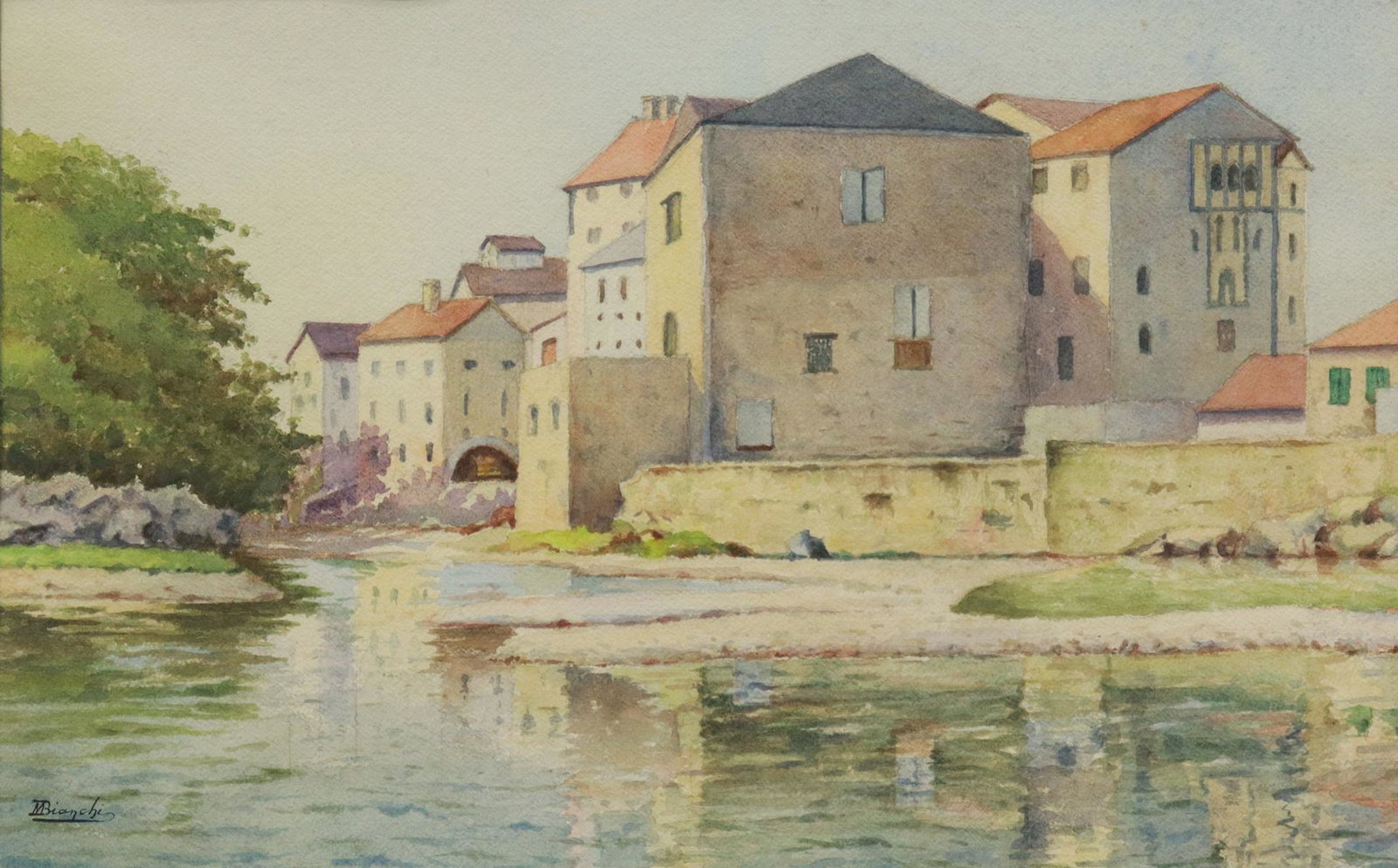 MARIO BIANCHI (ITALIAN, 1928-2013) WATERCOLOR: Framed watercolor painting on paper, Houses by the Water, signed lower left M. Bianchi (Mario Bianchi, Italian, 1928-2013), sight: 13.25"h, 21.25"w, overall: 19.25"h, 27.25"w, 5.5lbs Start Price: $100