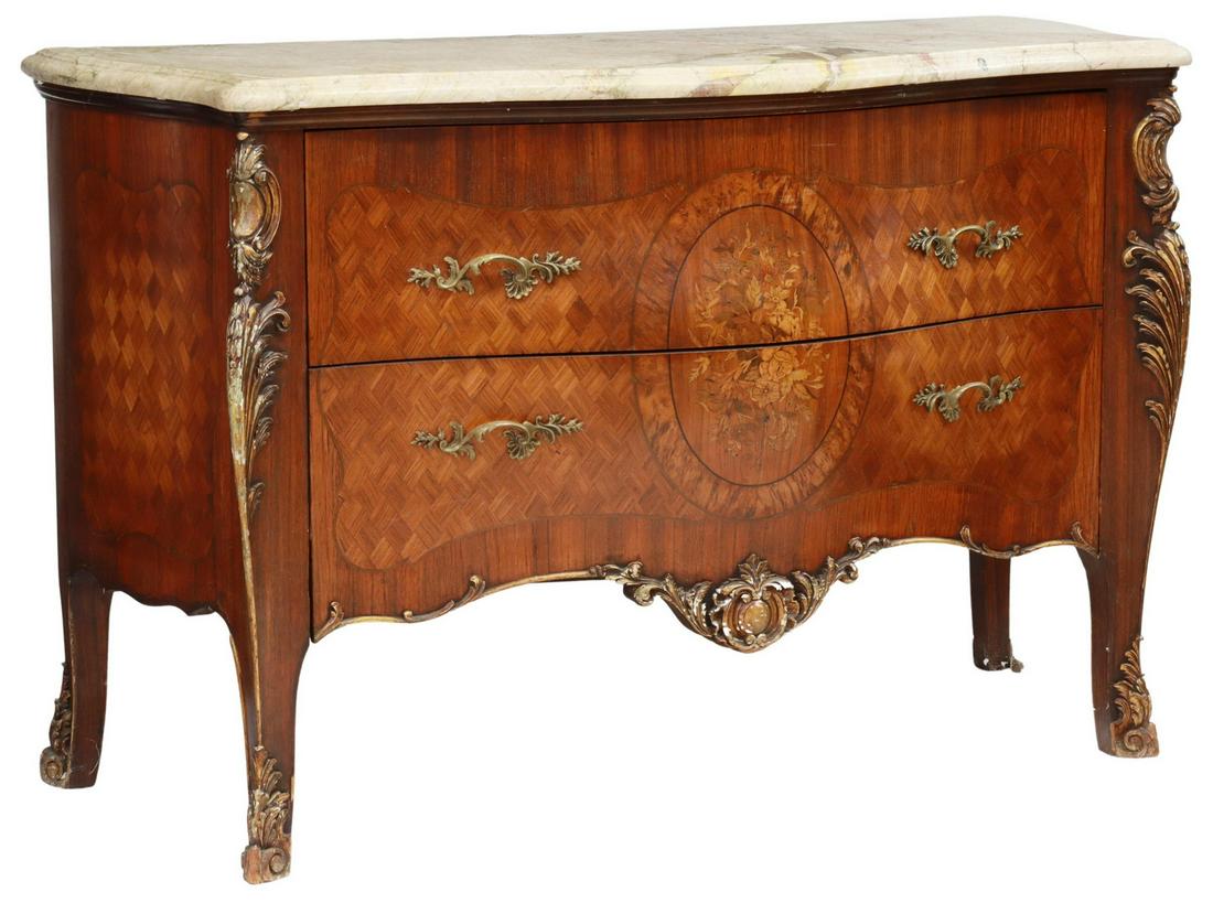 LOUIS XV STYLE MARBLE-TOP MARQUETRY COMMODE: Louis XV style marble-top commode, matched veneer case with floral marquetry, having two drawers with gilt metal rocaille pulls, top drawer opening to reveal three compartments, lower drawer opening t