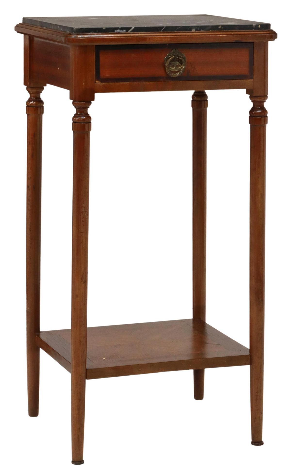 LOUIS XVI STYLE MARBLE-TOP MAHOGANY NIGHTSTAND: French Louis XVI style mahogany nightstand, early 20th c., inset marble top, over a single drawer, rising on tapered legs, joined by medial shelf, approx 33.5"h, 17.5"w, 15.5"d Start Price: $100.00