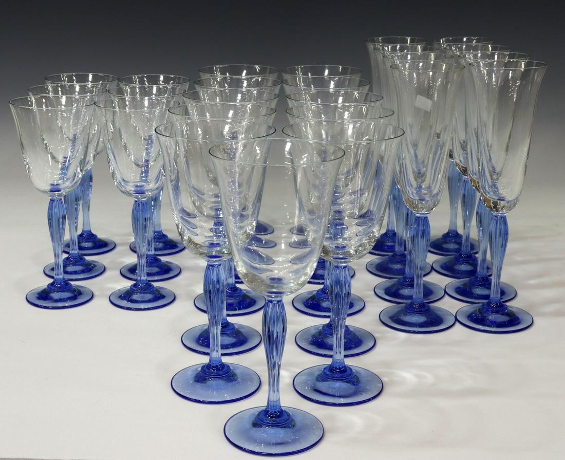 (25) ITALIAN MURANO GLASS STEMWARE: (lot of 25) Italian Murano glass stemware, colorless bowl, on a blue ribbed stem, including: (11) water goblets, (two) with small chips to rim, approx 8 1/8"h, 3.5"diam, (6) wine stems, approx 7 5/8"h