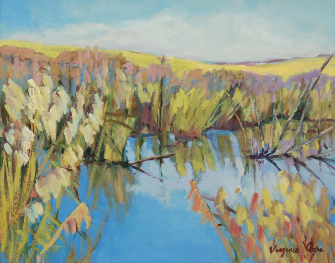 VIRGINIA COPE (QUEBEC) OIL PAINTING 'THE MARSH': Framed oil on canvas painting, "The Marsh," signed lower right Virginia Cope (Quebec, 20th c.), titled and dated 1994 verso, sight: 15.5"h, 19.5"w, overall: 26"h, 30"w, 11.25lbs Start Price: $100.00