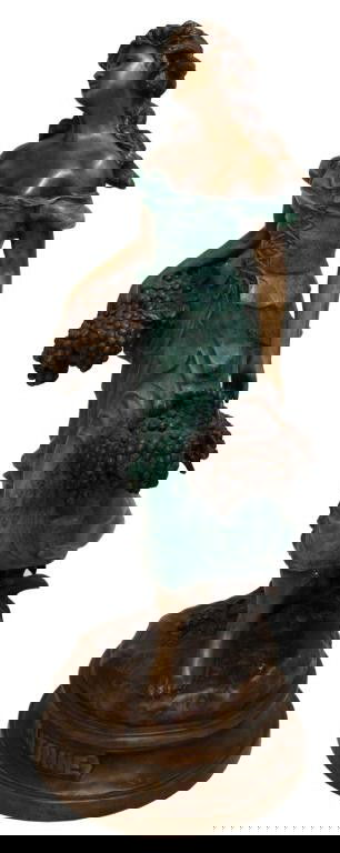 BRONZE SCULPTURE, "AUTOMNE", AFTER A. MOREAU: Patinated bronze figure modeled as a woman holding baskets of grapes, "Automne", after the antique by Auguste Moreau (France, 1834-1917), 36"h, 13"w, 14"d, 36lbs