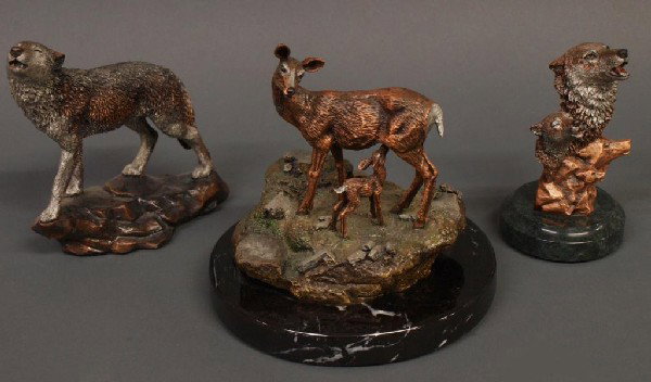 (2) LEGENDS K. CANTRELL WOLF SCULPTURES & DEER: (lot of 3) Mixed media sculptures including: (2) Legends wolf sculptures by Kitty Cantrell, 'Wild Music', 895/2500 (1994) and 'Sonata', 585/1250 (1995), largest: 6.25"l, 5.25"w; (1) Ron Lee sculpture 