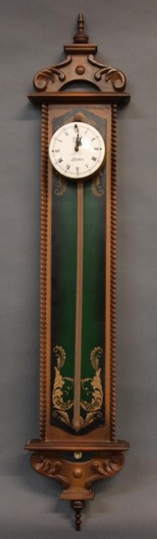 LINDEN WOOD FRAME SAW TOOTH GRAVITY CLOCK: Linden gravity clock, the wood frame supporting a saw tooth pole allowing gravity to provide movement for clock, face reading Anno 1750 Linden, verso marked 'No. 9512 Made in Japan', 33.5"h, 4.25lbs