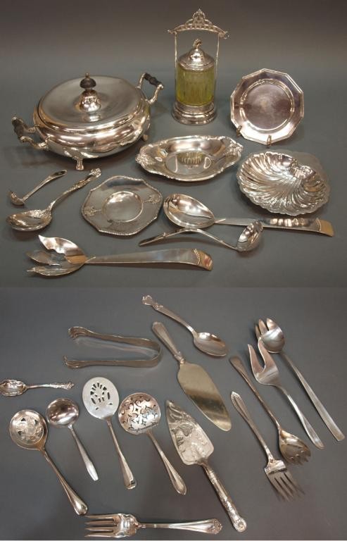 HUGE LOT SILVER PLATE ARTICLES, PICKLE CASTOR: (lot) Collection of assorted silver plate service ware including a salad set and ladle by Three Crown Silversmiths, a Crown Silver Plate Co. Victorian pickle castor with patterned vaseline glass bowl,