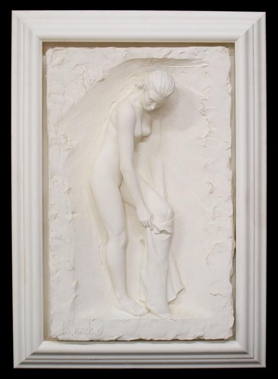 NUDE RELIEF SCULPTURE "VANITY", BILL MACK, b. 1949: Bill Mack limited edition bonded sand sculpture, "Vanity", signed and numbered lower left Bill Mack (Minnesota, b. 1949), 87 of 95, a nude female figure, sight: 33"h, 21"w, 5.25"d, overall: 41.75"h, 3