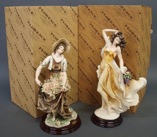 (2) GIUSEPPE ARMANI FIGURES, AUTUMN & ROSE HARVEST: (lot of 2) Giuseppe Armani figures, 'Autumn Harvest', 14"h and 'Rose Harvest', 13"h, each retaining the original box, largest box: 9"h, 17.5"l, 10.5"w,11.75lbs total