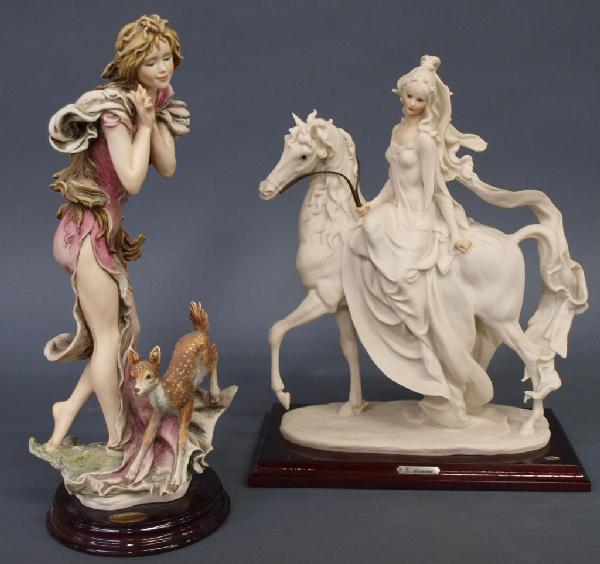 (2) GIUSEPPE ARMANI FIGURES, BEAUTY ON HORSEBACK: (lot of 2) Giuseppe Armani figural sculptures including: (1) beauty on horseback, 13.5"h, 10.5"l; (1) 'Autumn Wind', 14'h; no noted loss, 7lbs total