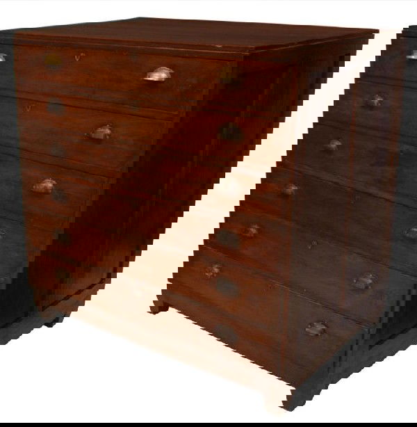 LARGE ANTIQUE TEAKWOOD MAP FILE CHEST: Anglo-Indian teakwood map file chest, early 20th c, rectangular form with six drawers, metallic bin pulls, shield form key escutcheons, resting on tapered rectangular feet, 47.25"h, 47.75"w, 33"d