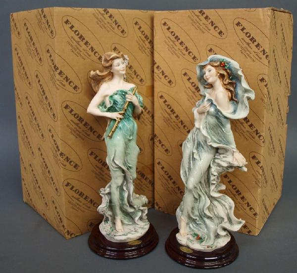 GUISEPPE ARMANI FIGURES, SPRING & WINTER BEAUTIES: (lot of 2) Giuseppe Armani figural sculptures: (1) 'Spring Enchantment', 14.5"h; (1) 'Winter Twilight', 14.25'h; no loss noted, each retaining original box: 8.5"h, 17"l, 9.25"w, 9.75lbs total