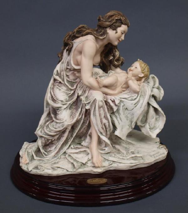 LIMITED GIUSEPPE ARMANI SCULPTURE, MOTHER & CHILD: Giuseppe Armani figural group, 'My Love', a mother and child, signed limited edition numbered 119/5000, on a wood base, no loss noted, 11.5'h, 12"l, 9.75"w, 12lbs
