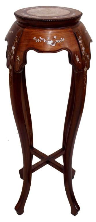 CHINESE CARVED & INLAID ROSEWOOD PEDESTAL: Chinese carved rosewood pedestal inlaid with mother of pearl, beaded trim enclosing the top inset with a rouge marble tablet of circular form, 36"h, 14"w, 14lbs total