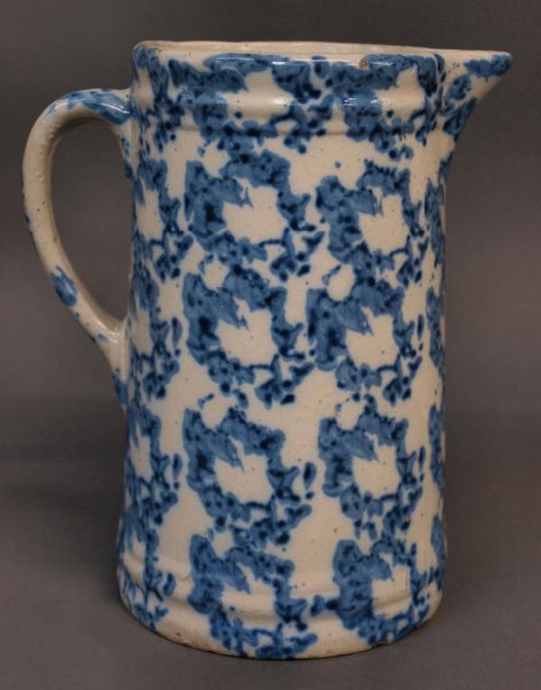 LARGE BLUE & WHITE SPONGEWARE POTTERY PITCHER: Large spongeware pottery pitcher, old chip at spout as pictured, handle intact with firing/age fracture at body, 9"h, 3.5lbs