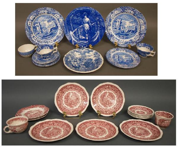 GROUP OF TRANSFERWARE, SPODE, MEAKIN, MASONS: (lot of 28) Large group of vintage and newer transferware in blue and white and cranberry colors, makers include Spode, Mason's, Franciscan, J&G Meakin, etc., various patterns, largest: 11.25"d, 16 lb